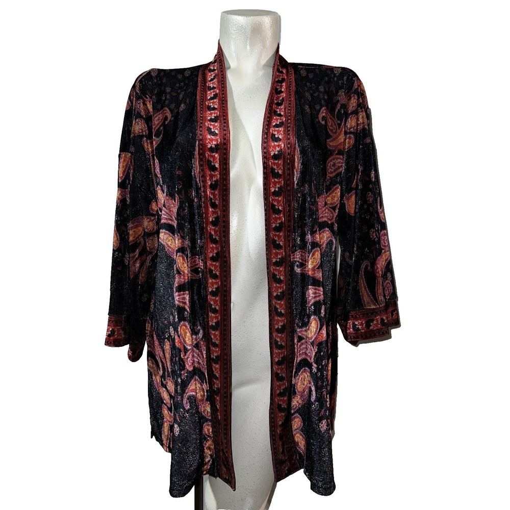 Luukse Womens Large Black Paisley Pleated Open Front Kimono Cardigan L9615001